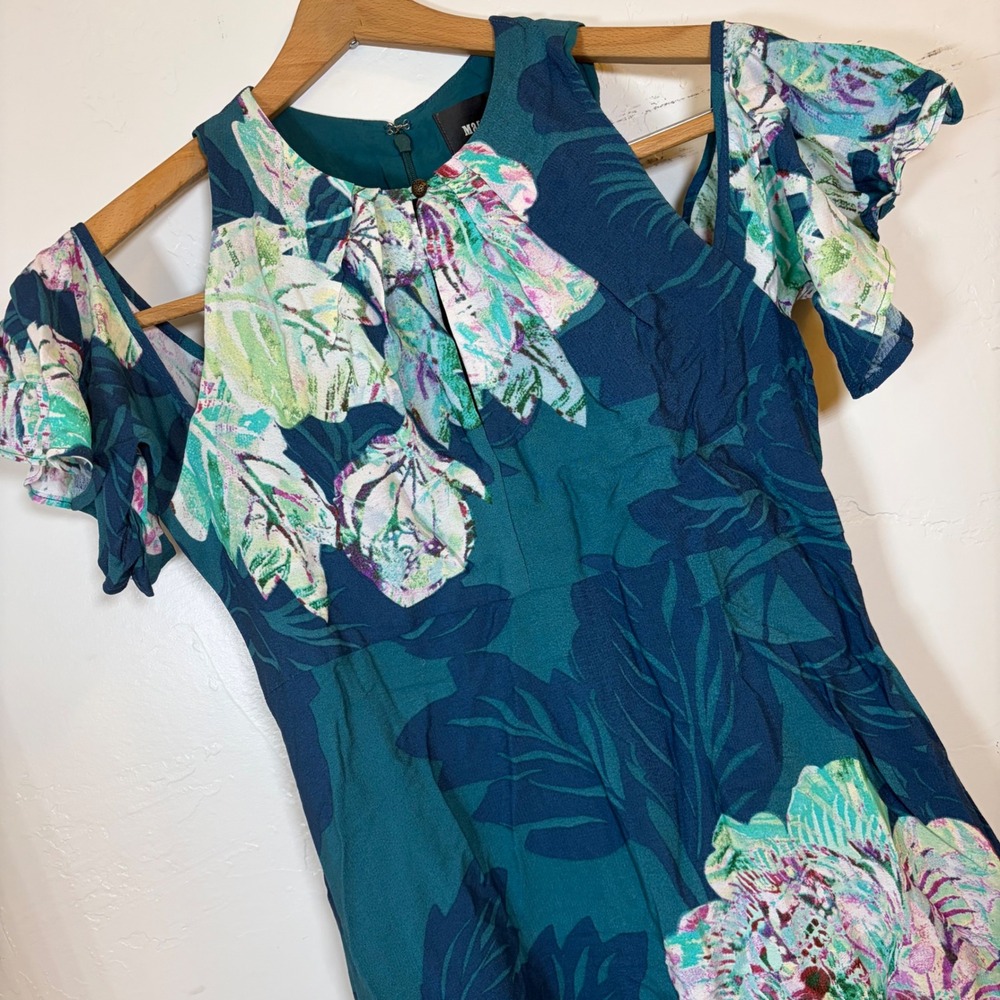 Maeve Anthropologie Teal Floral‎ Cold Shoulder Mini Dress Size 2 Keyhole Ruffle